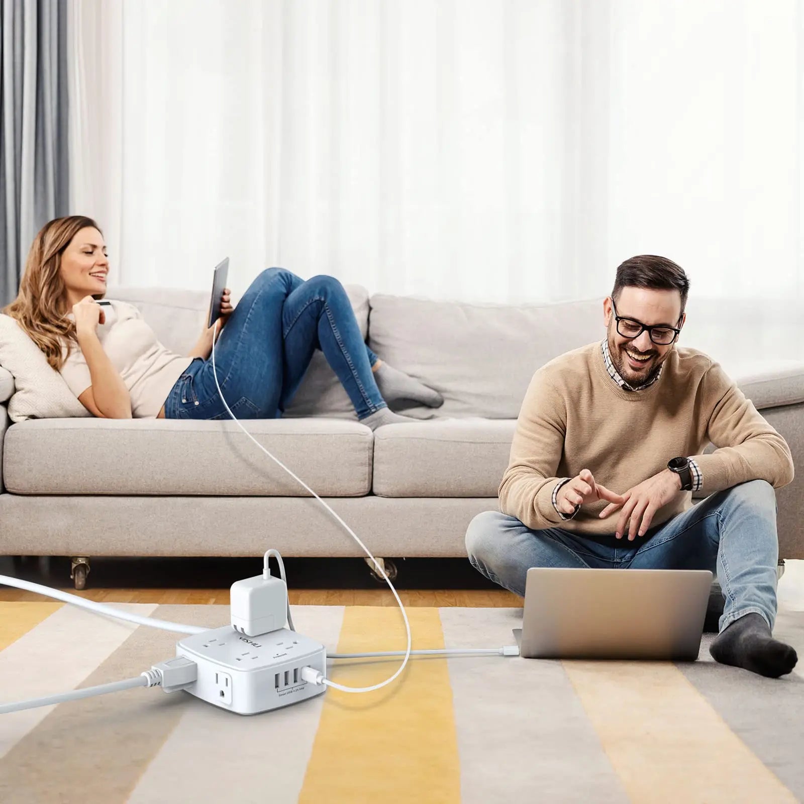 6 Ft Surge Protector Power Strip - 8 Widely Outlets with 4 USB Ports, 3 Side Outlet Extender with 6 Feet Extension Cord, Flat Plug, Wall Mount, Desk USB Charging Station, ETL,White Voltique