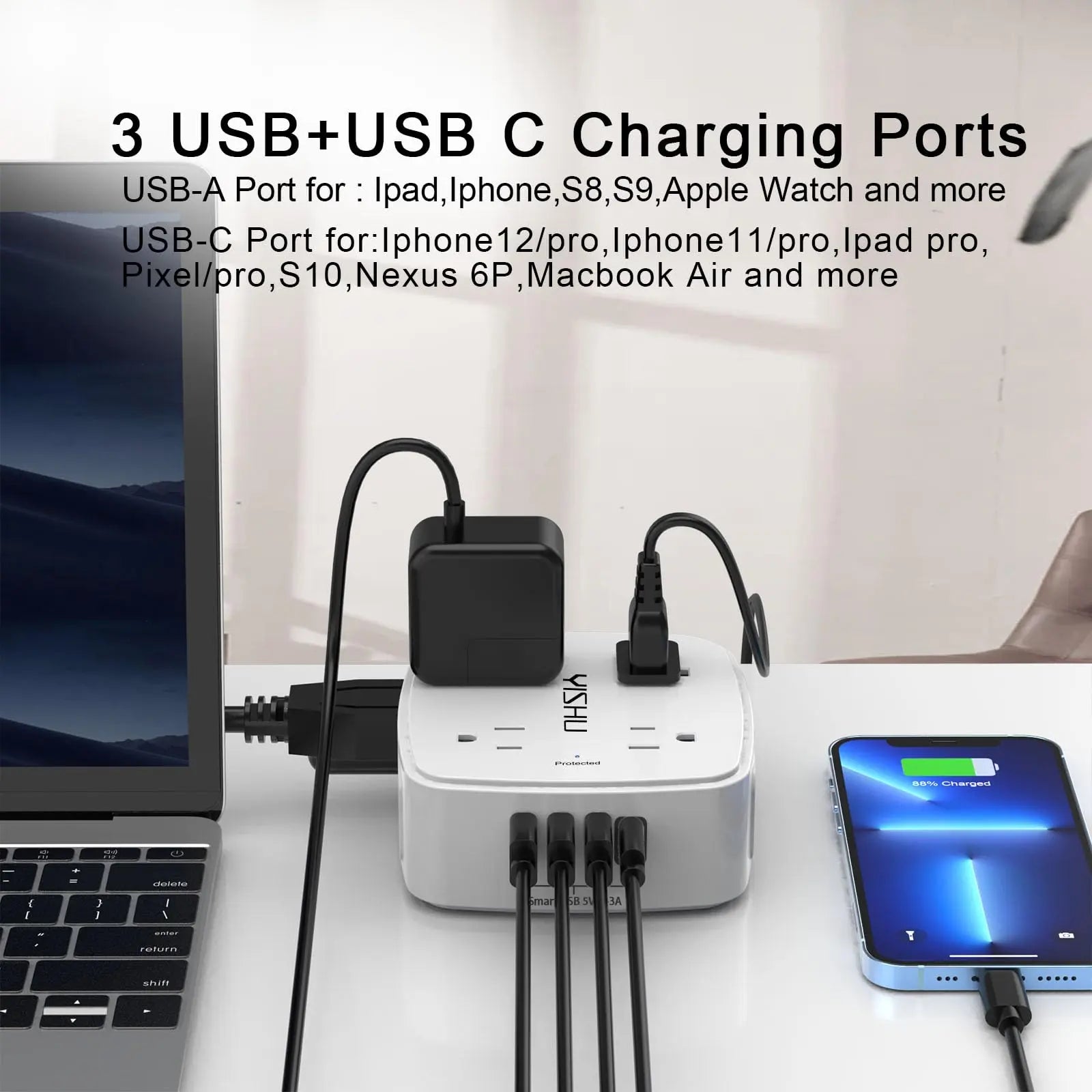 6 Ft Surge Protector Power Strip - 8 Widely Outlets with 4 USB Ports, 3 Side Outlet Extender with 6 Feet Extension Cord, Flat Plug, Wall Mount, Desk USB Charging Station, ETL,White Voltique