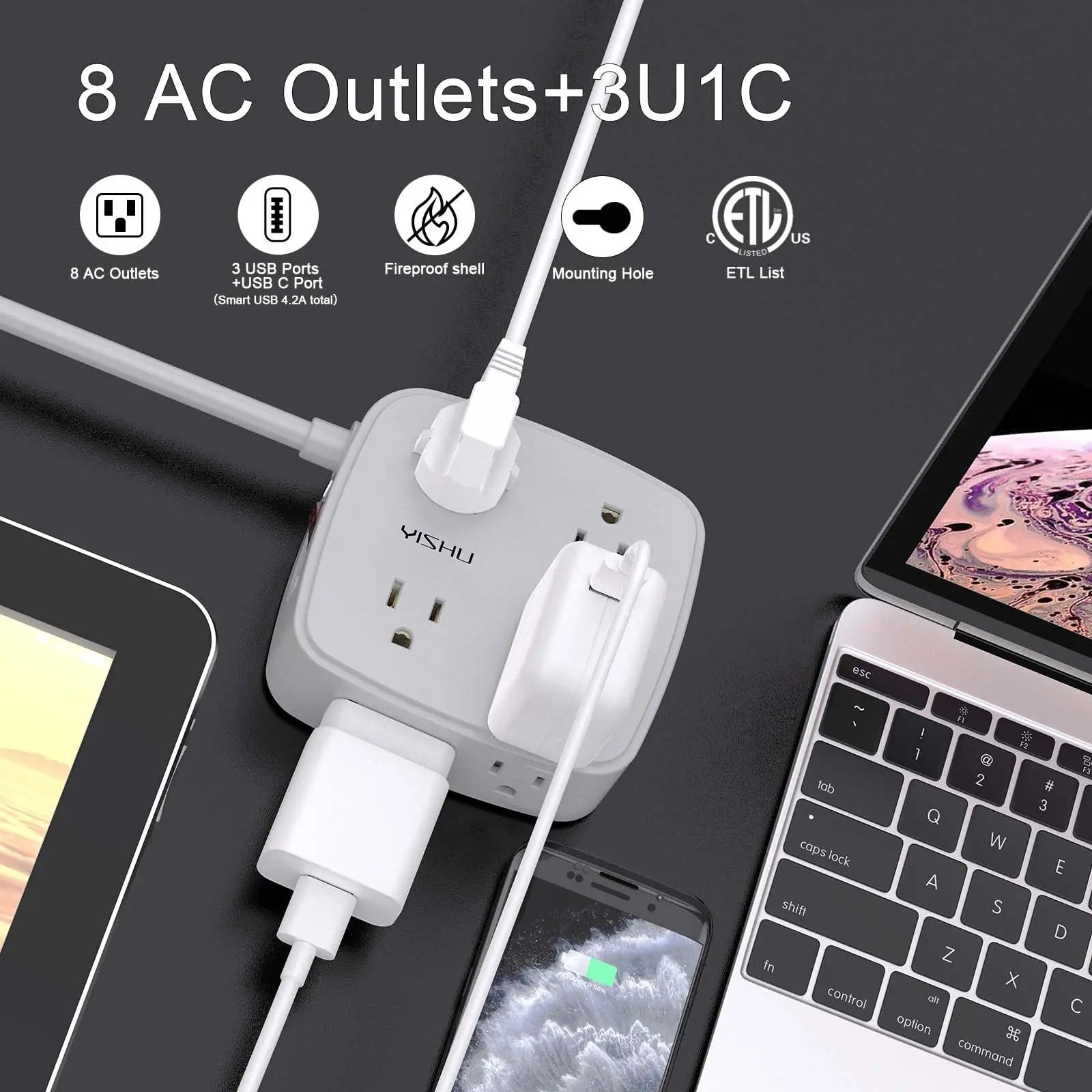 6 Ft Surge Protector Power Strip - 8 Widely Outlets with 4 USB Ports, 3 Side Outlet Extender with 6 Feet Extension Cord, Flat Plug, Wall Mount, Desk USB Charging Station, ETL,White Voltique