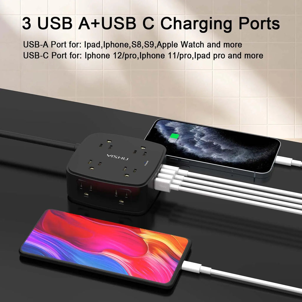 6 Ft Surge Protector Power Strip - 8 Widely Outlets with 4 USB Ports, 3 Side Outlet Extender with 6 Feet Extension Cord, Flat Plug, Wall Mount, Desk USB Charging Station, ETL,White Voltique